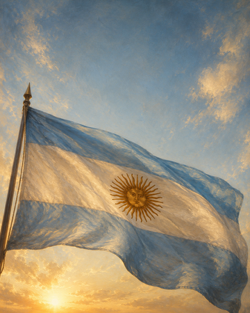 Drapeau argentin celeste et blanc au lever du soleil