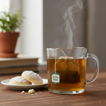 Tasse de maté chaud avec son sachet infusé, servie avec des biscuits sur une table en bois.