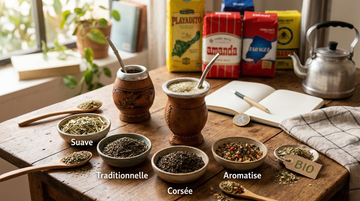 Nature morte présentant différentes variétés de yerba mate (étiquetées 'Suave', 'Traditionnelle', 'Corsée', 'Aromatise', 'BIO') dans des bols, des calebasses préparées et des paquets de marques sur una table rustique.