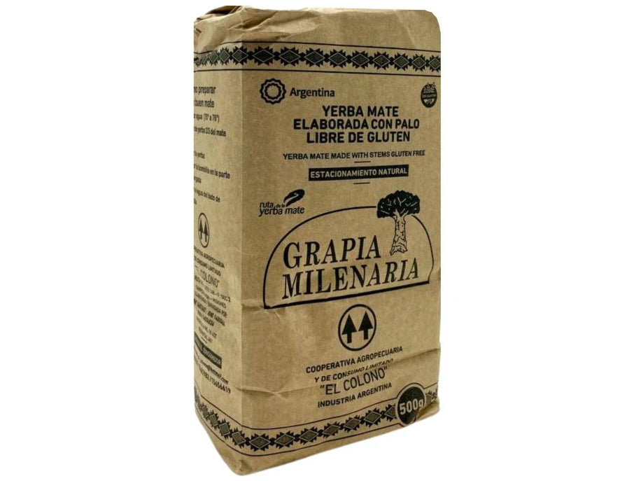 Paquet de yerba maté Grapia Milenaria 500g — Argentine, Misiones, culture sous monte nativo, stationnement prolongé
