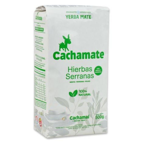 Paquet de yerba maté Cachamate Hierbas Serranas classique (blanc) 500g, mélange rafraîchissant avec menthe, peperina et poleo.