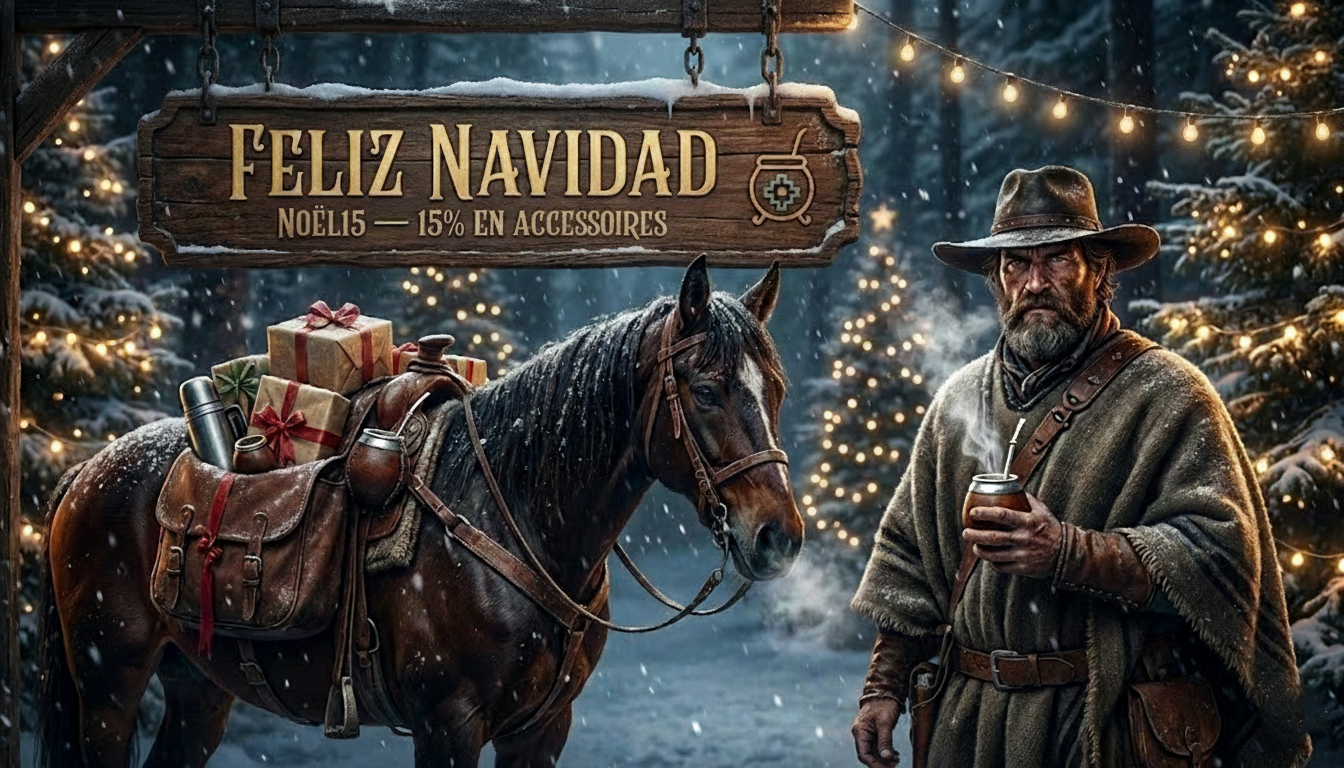 Cheval sellé chargé de cadeaux et d’accessoires de maté à gauche et gaucho barbu avec poncho et maté à droite dans une forêt illuminée de Noël, texte « Feliz Navidad – NOEL15, 15 % en accessoires », bannière desktop El Gaucho.