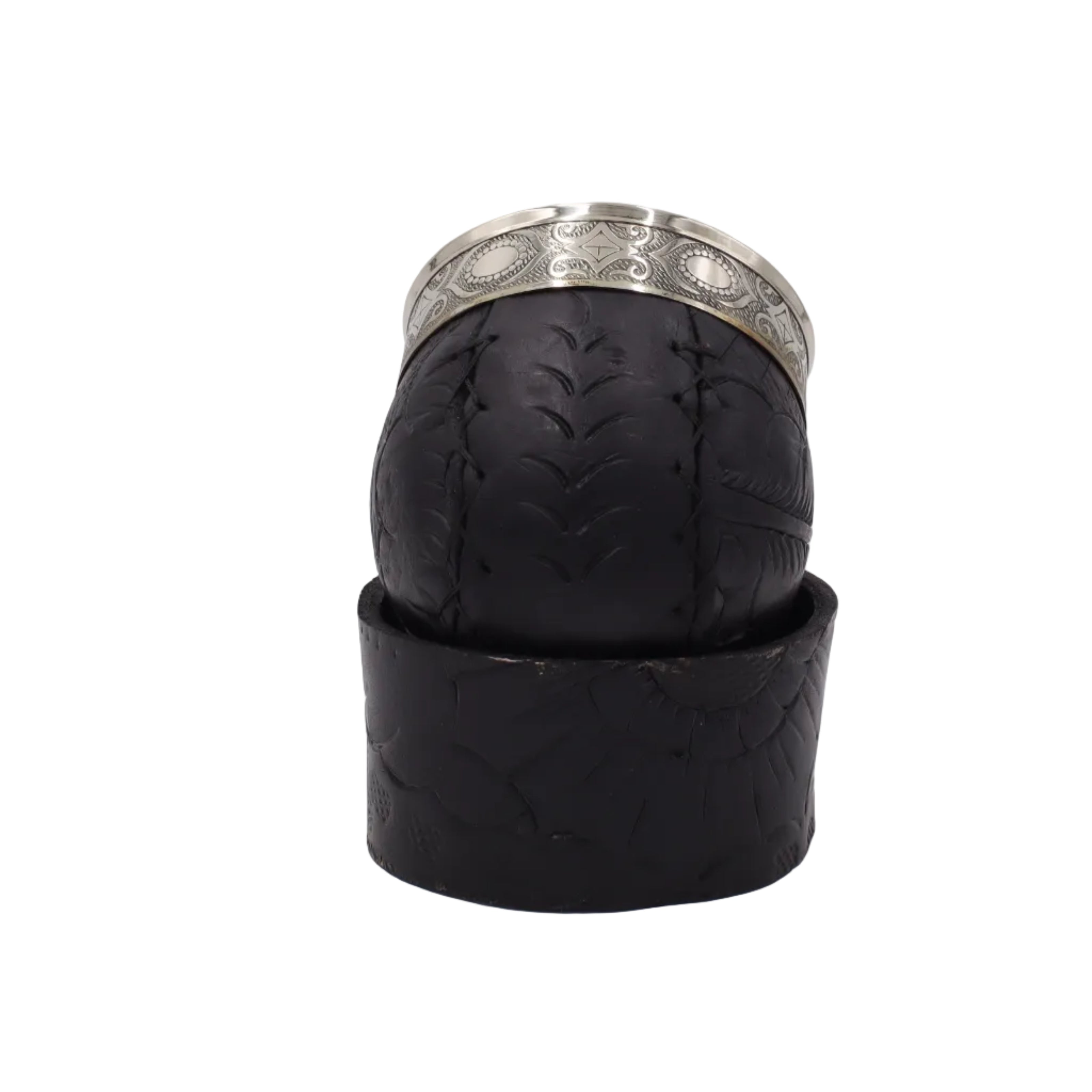 Vue du dessous : Base large en anneau de cuir noir cousu main pour une stabilité parfaite.