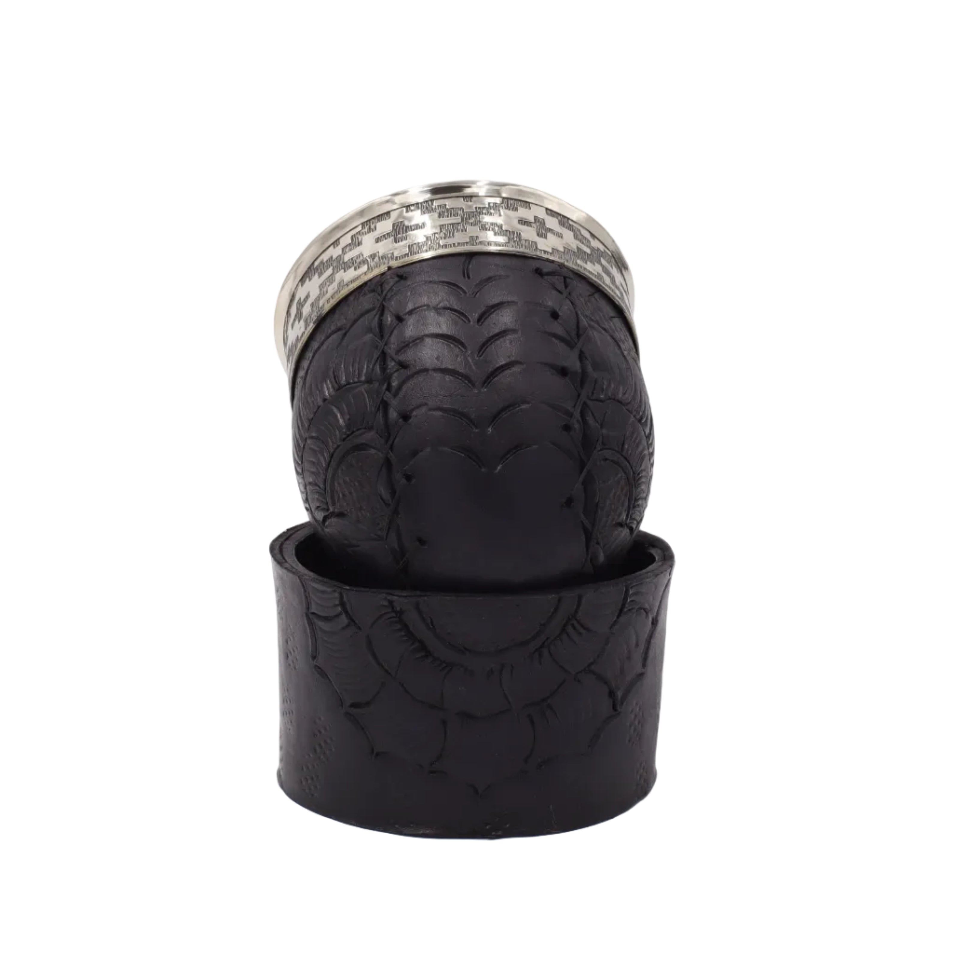 Vue du dessous : Base en anneau de cuir noir cousu pour une stabilité parfaite sur table.