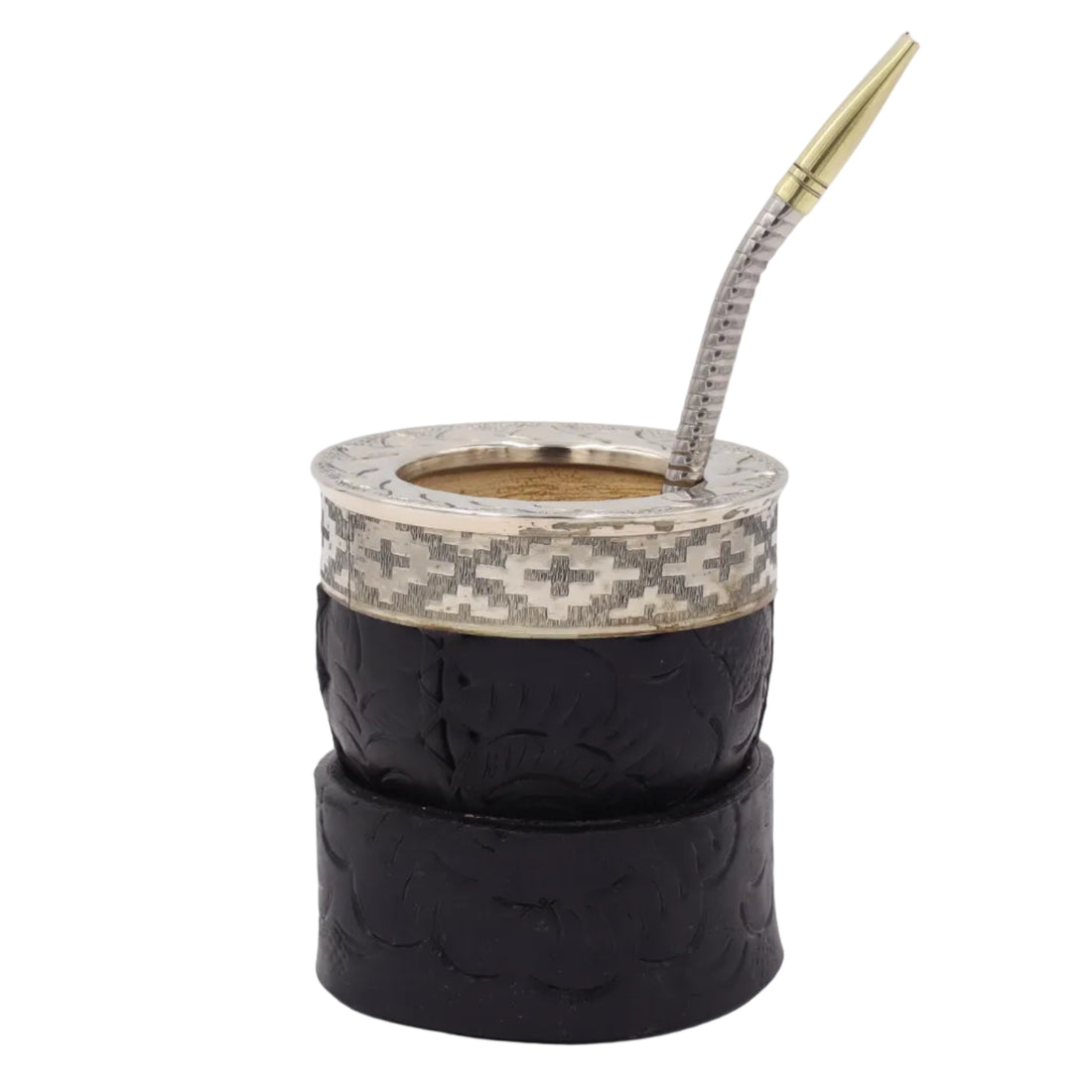 Maté Impérial Noir "Le Sculpté" avec bombilla. Cuir travaillé en relief artisanal.
