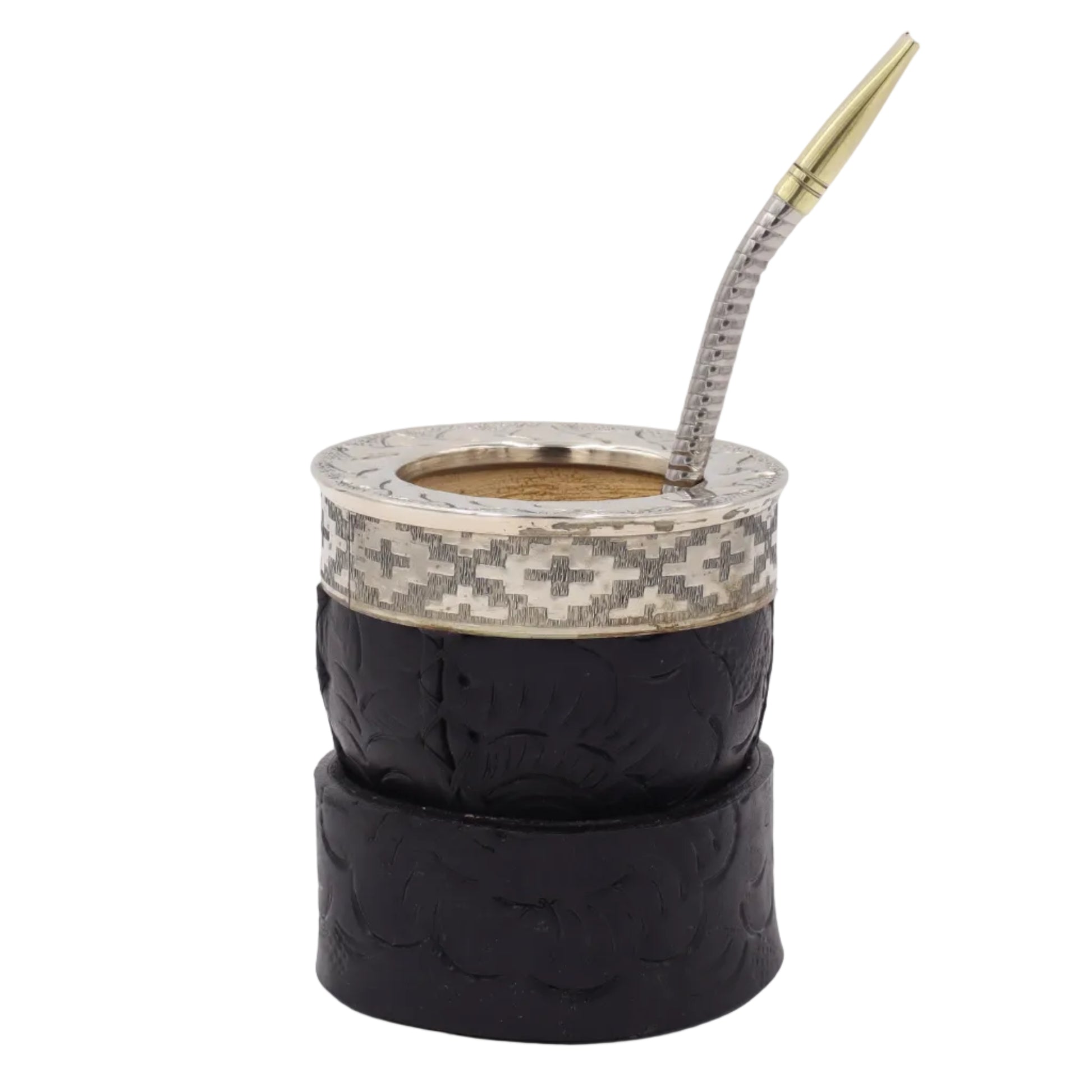 Maté Impérial Noir "Le Sculpté" avec bombilla. Cuir travaillé en relief artisanal.