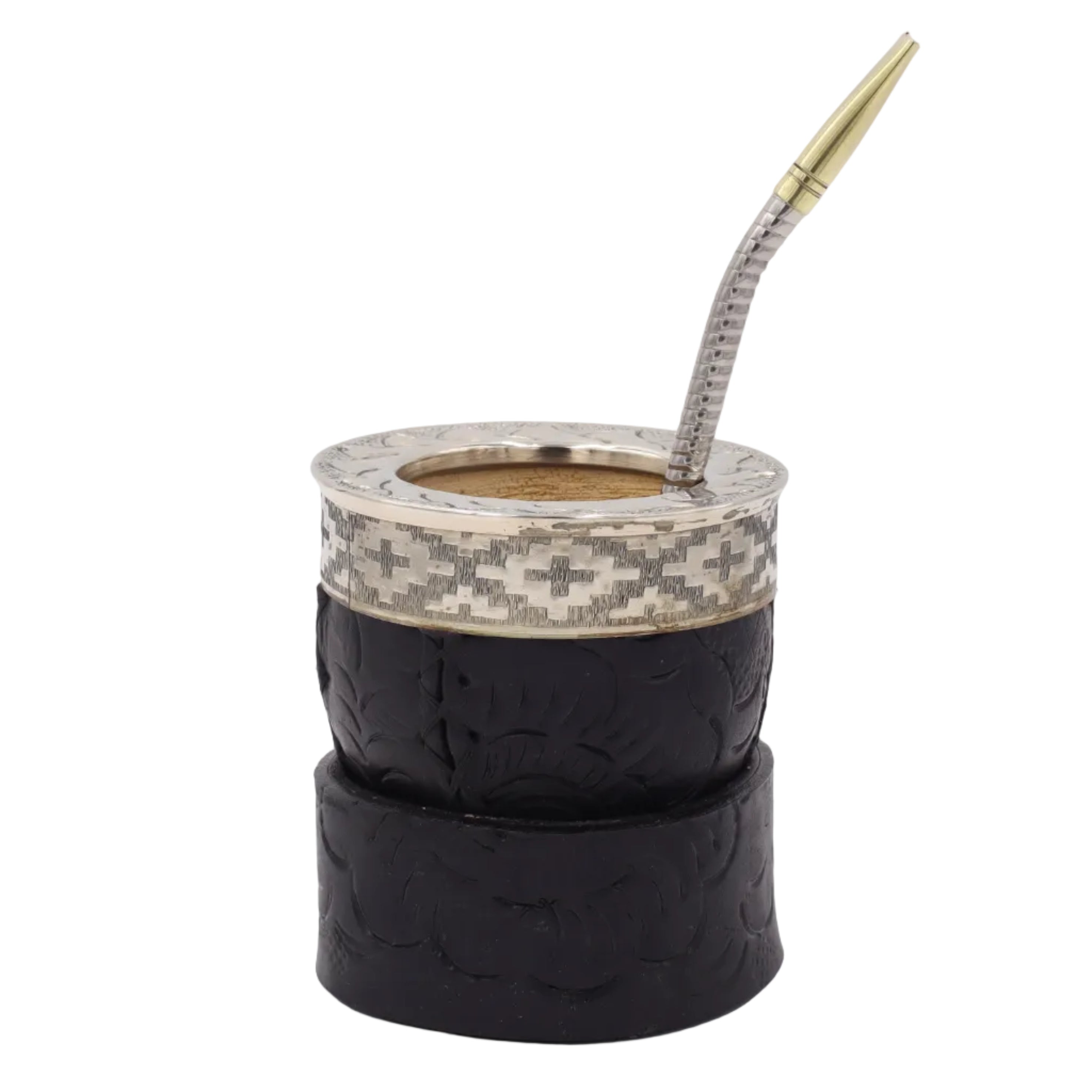 Maté Impérial Noir "Le Sculpté" avec bombilla. Cuir travaillé en relief artisanal.