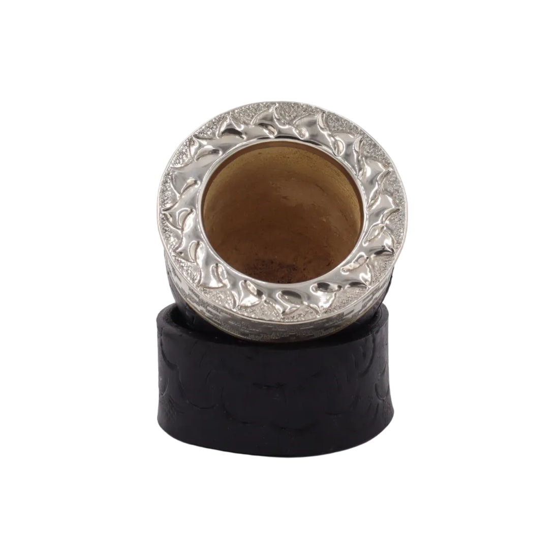 Maté Impérial Noir "Le Sculpté" avec bombilla. Cuir travaillé en relief artisanal.