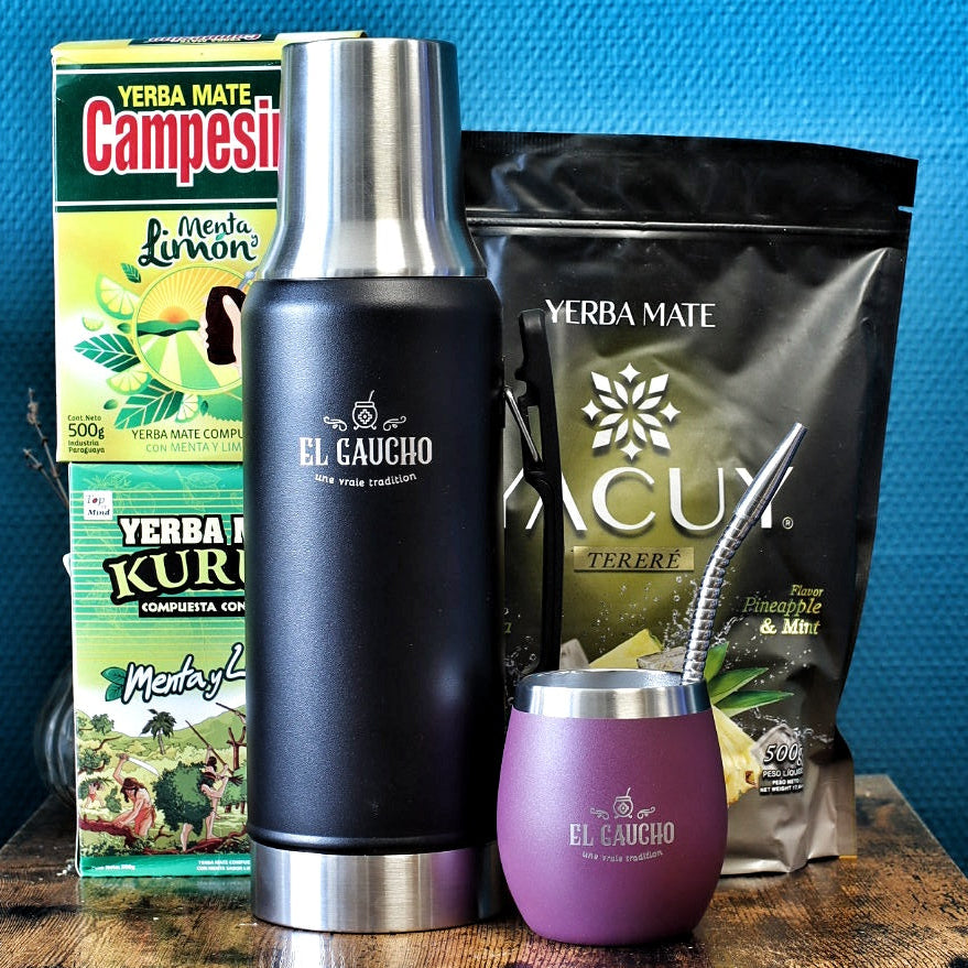 Pack tereré complet El Gaucho : termo noir, mate Gaucho Élite aubergine et 3 yerbas paraguayennes spéciales tereré