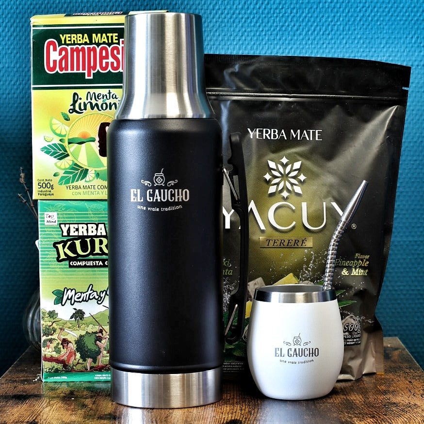 Pack tereré complet El Gaucho : termo noir, mate Gaucho Élite blanc et 3 yerbas paraguayennes spéciales tereré