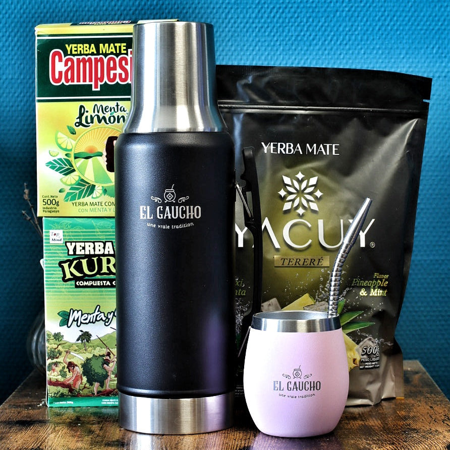 Pack tereré complet El Gaucho : termo noir, mate Gaucho Élite Rose et 3 yerbas paraguayennes spéciales tereré