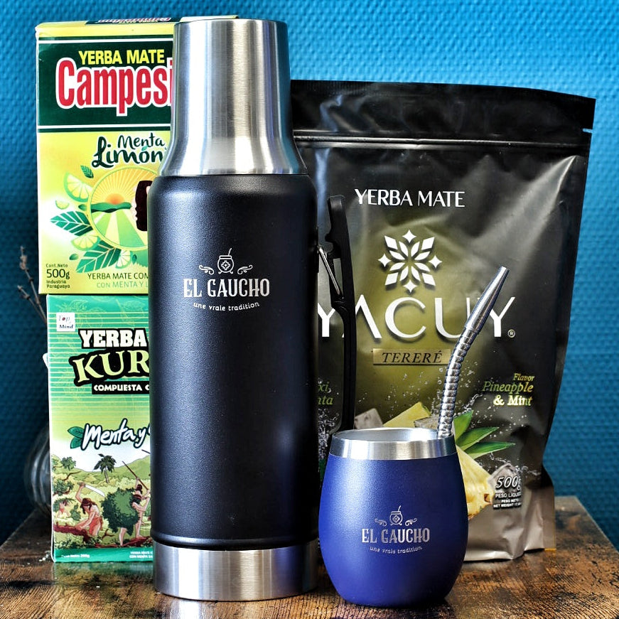 Pack tereré complet El Gaucho : termo noir, mate Gaucho Élite bleu et 3 yerbas paraguayennes spéciales tereré