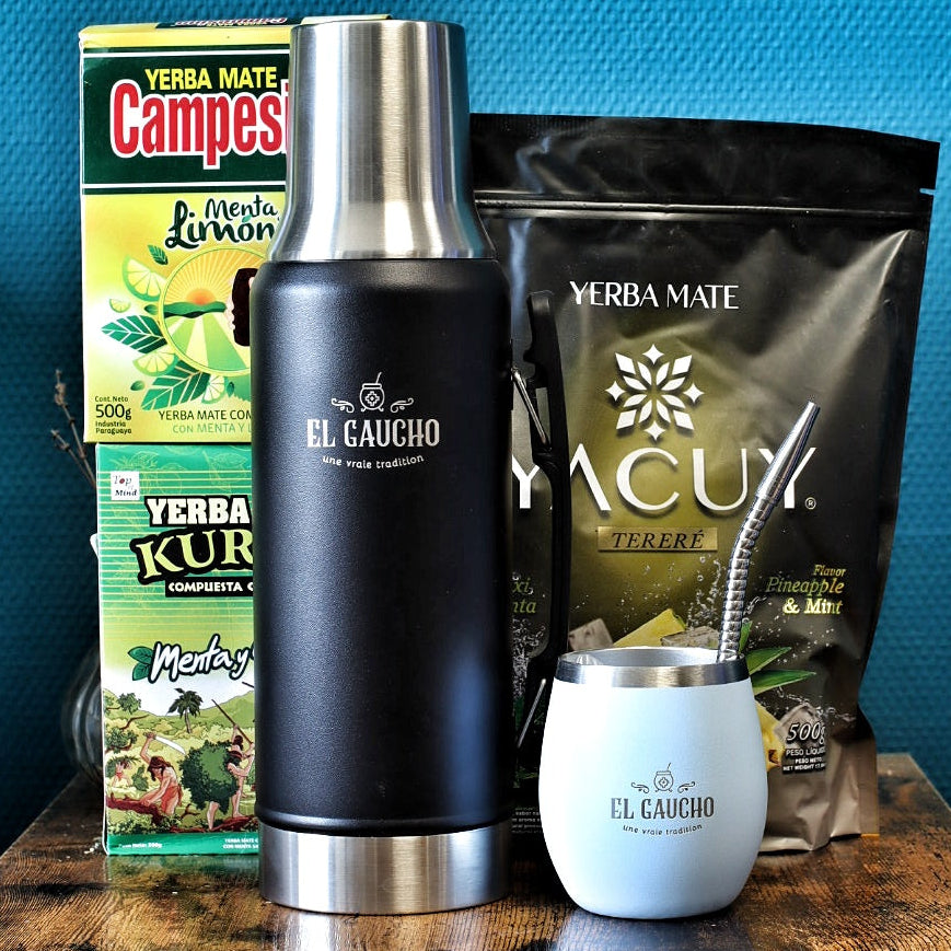 Pack tereré complet El Gaucho : termo noir, mate Gaucho Élite bleu ciel et 3 yerbas paraguayennes spéciales tereré