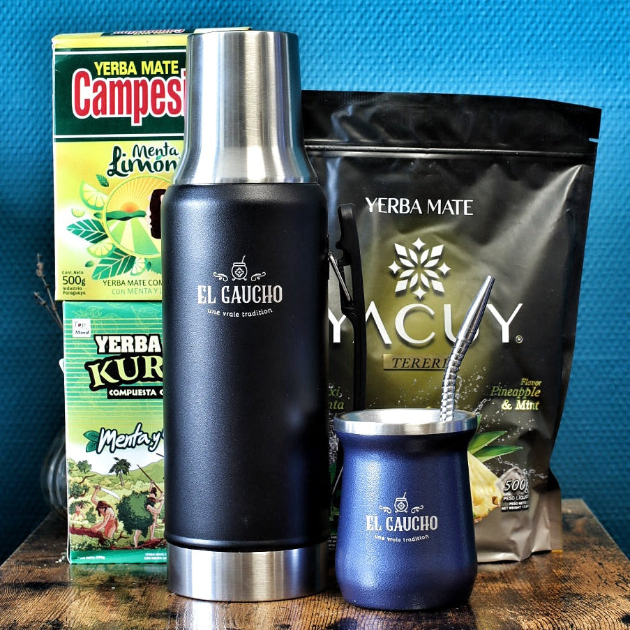 Pack tereré complet El Gaucho : termo noir, mate Gaucho inox bleu et 3 yerbas paraguayennes spéciales tereré