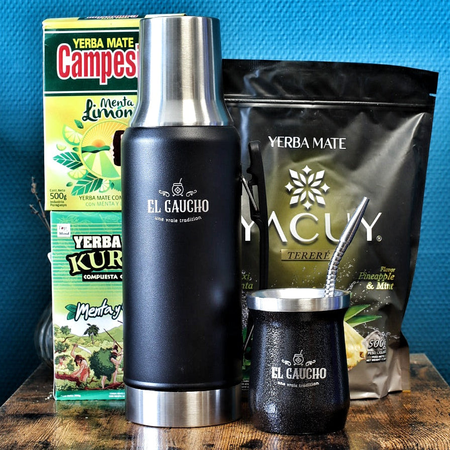 Pack tereré complet El Gaucho : termo noir, mate Gaucho inox noir et 3 yerbas paraguayennes Campesino Kurupi Yacu