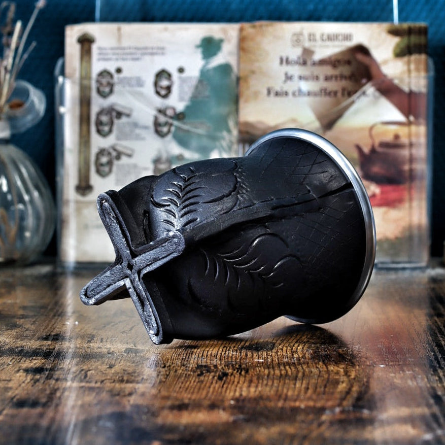 Maté Camionero Uruguayen Motif B — vue latérale et virola inox, artisanat Buenos Aires