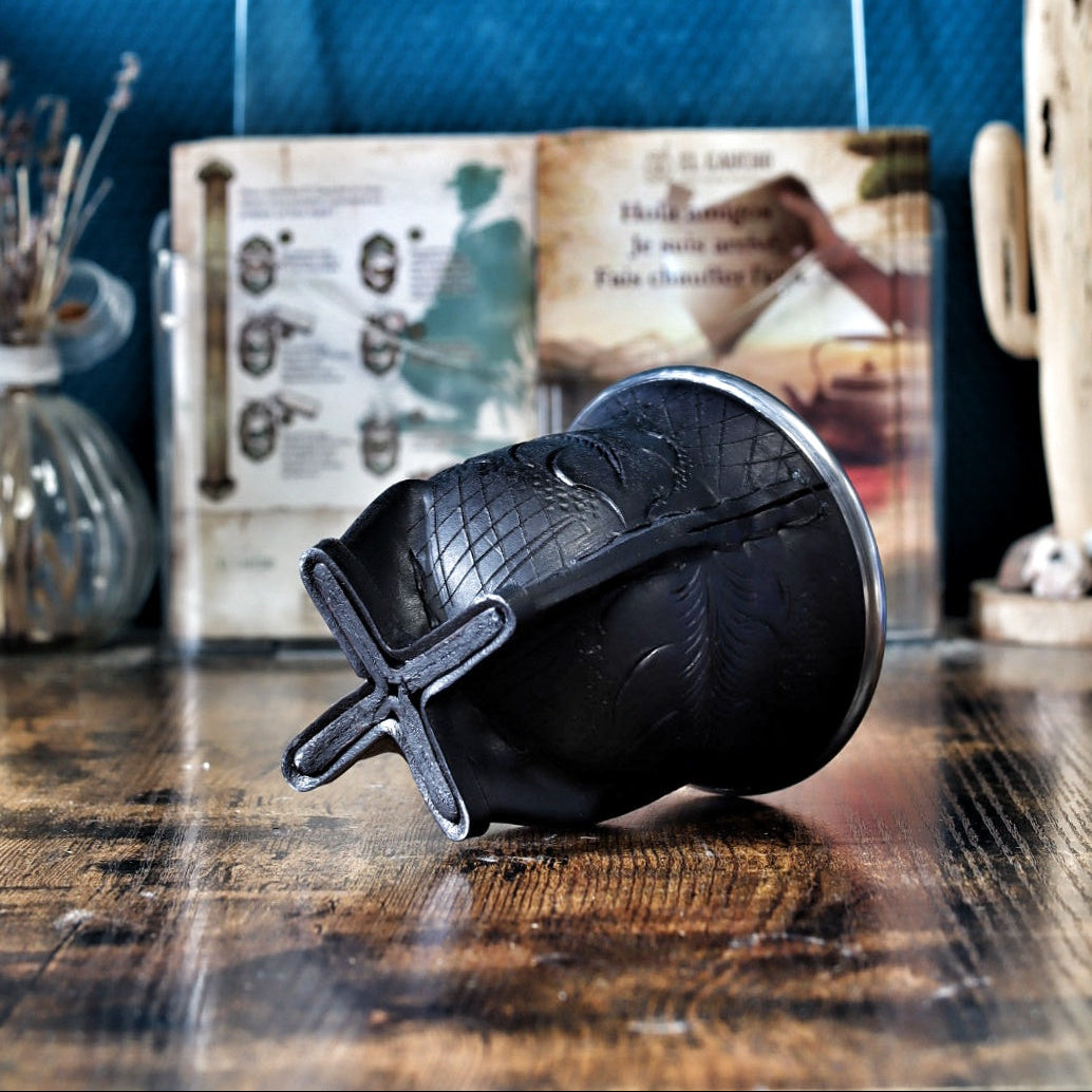 Maté Camionero Uruguayen Motif D — vue latérale et virola inox, artisanat Buenos Aires