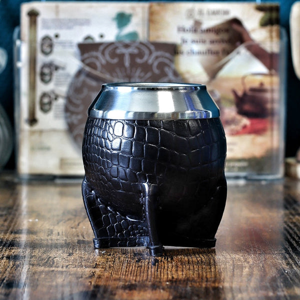 Maté Torpedo Cuir Crocodile Noir - Virole Acier Inox