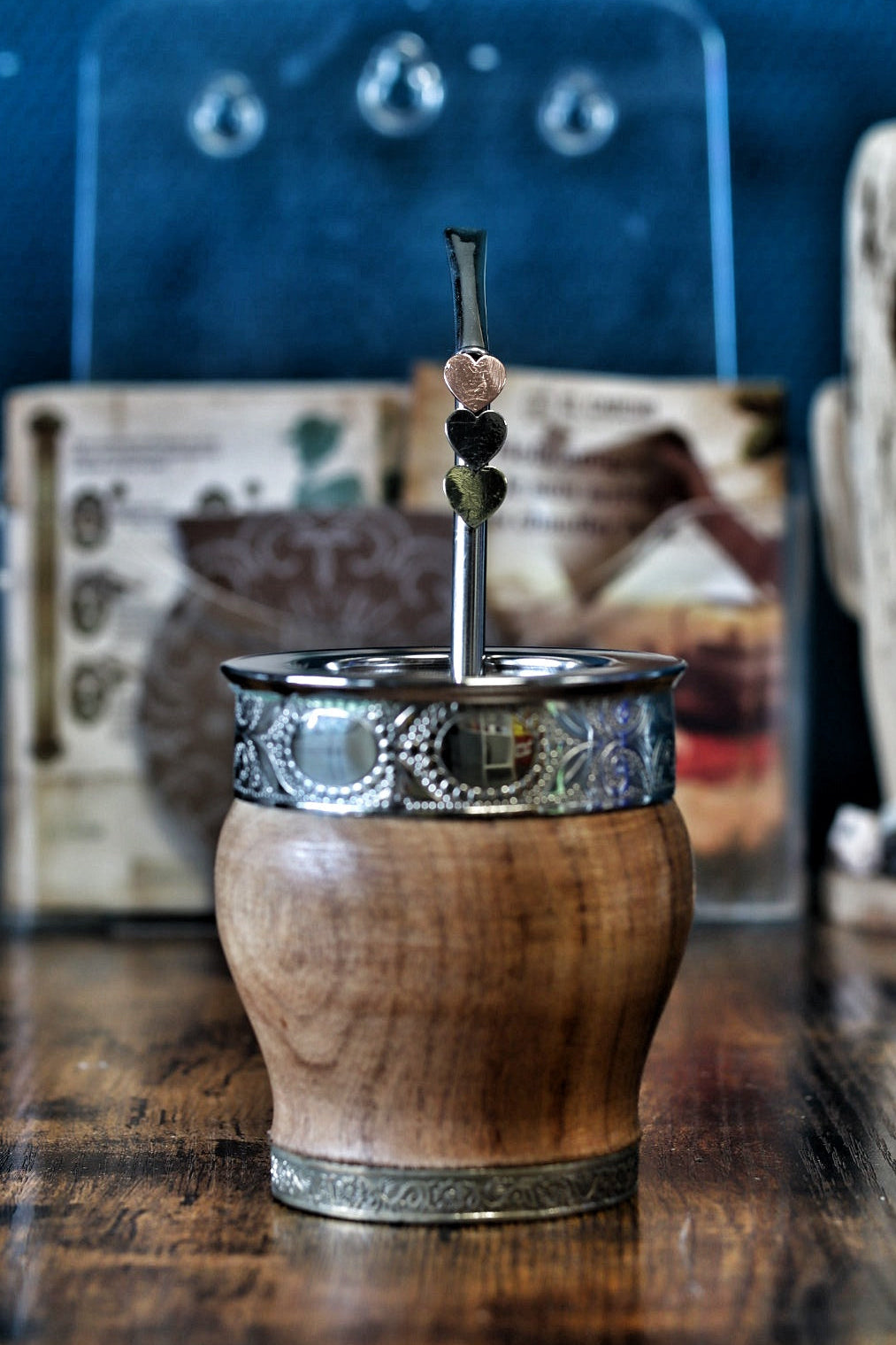 Bombilla Trois Cœurs alpaca bronze cuivre avec calebasse bois artisanale — El Gaucho