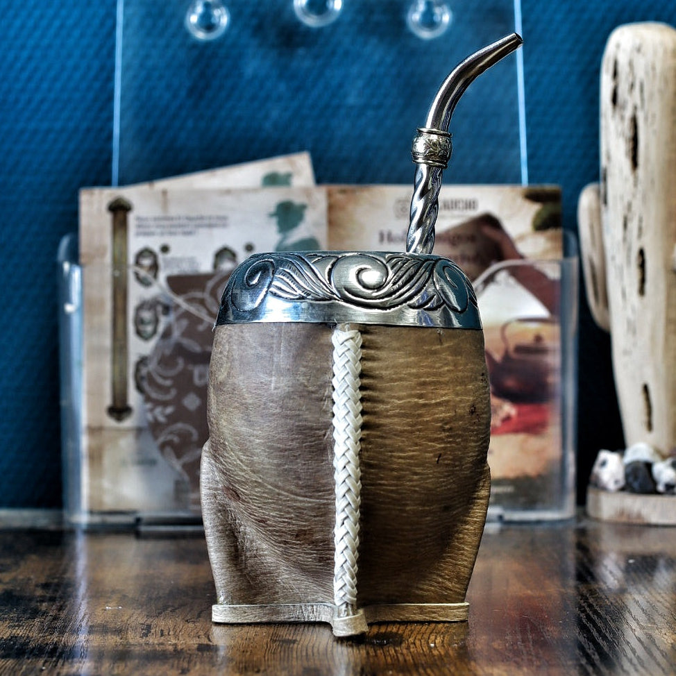 Maté Torpedo 4 Pattes cuir brut couture tiento virole alpaca ciselée al lacre artisanal Argentine 260ml