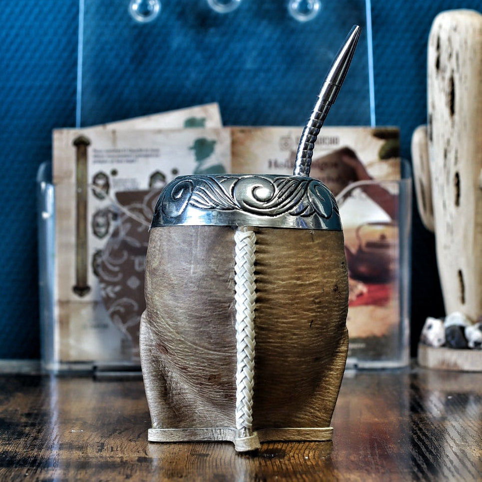 Maté Torpedo 4 Pattes cuir brut couture tiento virole alpaca ciselée al lacre artisanal Argentine 260ml