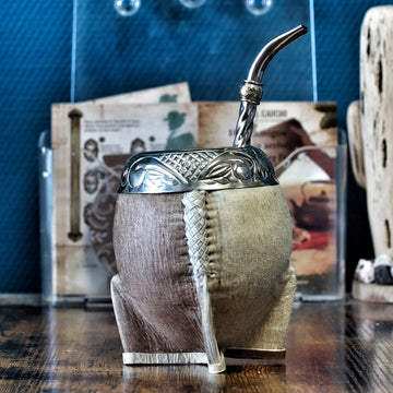 Maté Torpedo Pampa Sauvage cuir brut bicolore virole ciselée artisanal Argentine 260ml