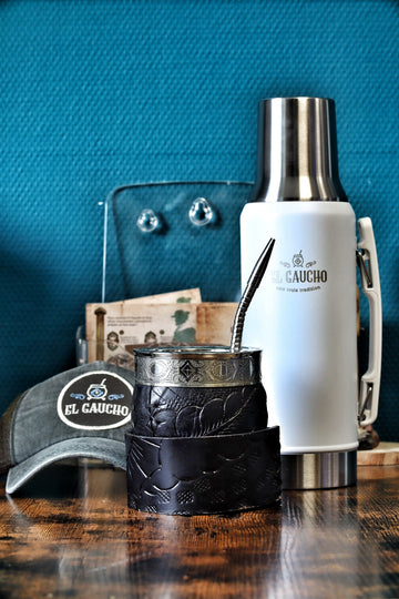 Combo Maté Impérial Ligne Abstraite avec Thermo Gaucho blanc 1L, coffret maté artisanal d'Argentine