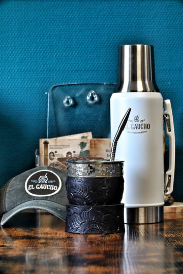 Combo Maté Impérial Noir Pampa avec Thermo Gaucho blanc 1L, coffret maté artisanal d'Argentine