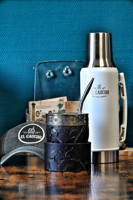 Combo Maté Impérial Vagues & Mouvement avec Thermo Gaucho blanc 1L, coffret maté artisanal d'Argentine