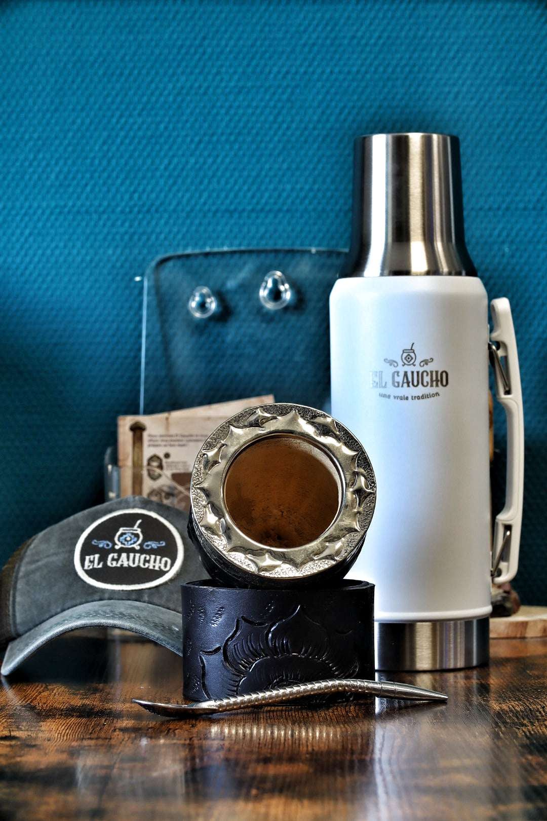 Combo Maté Impérial Vagues & Mouvement avec Thermo Gaucho blanc 1L, coffret maté artisanal d'Argentine