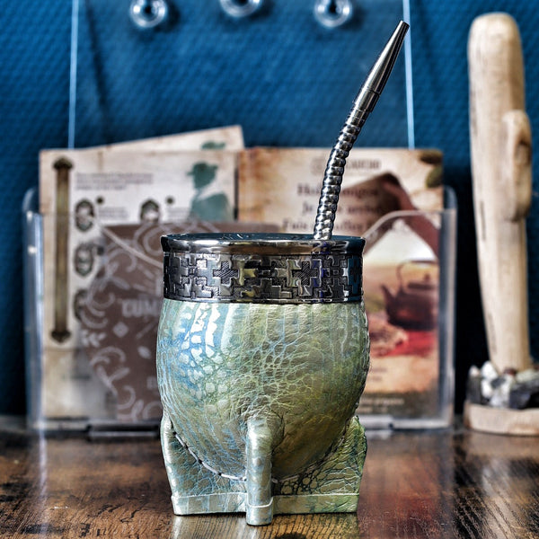 Maté Impérial Crocodile Vert Argenté — Cuir Façon Croco (Pièce Unique)