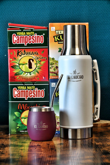 Pack Tereré Complet El Gaucho — maté Gaucho Élite acier inox, thermo blanc et yerbas paraguayennes pour le terere