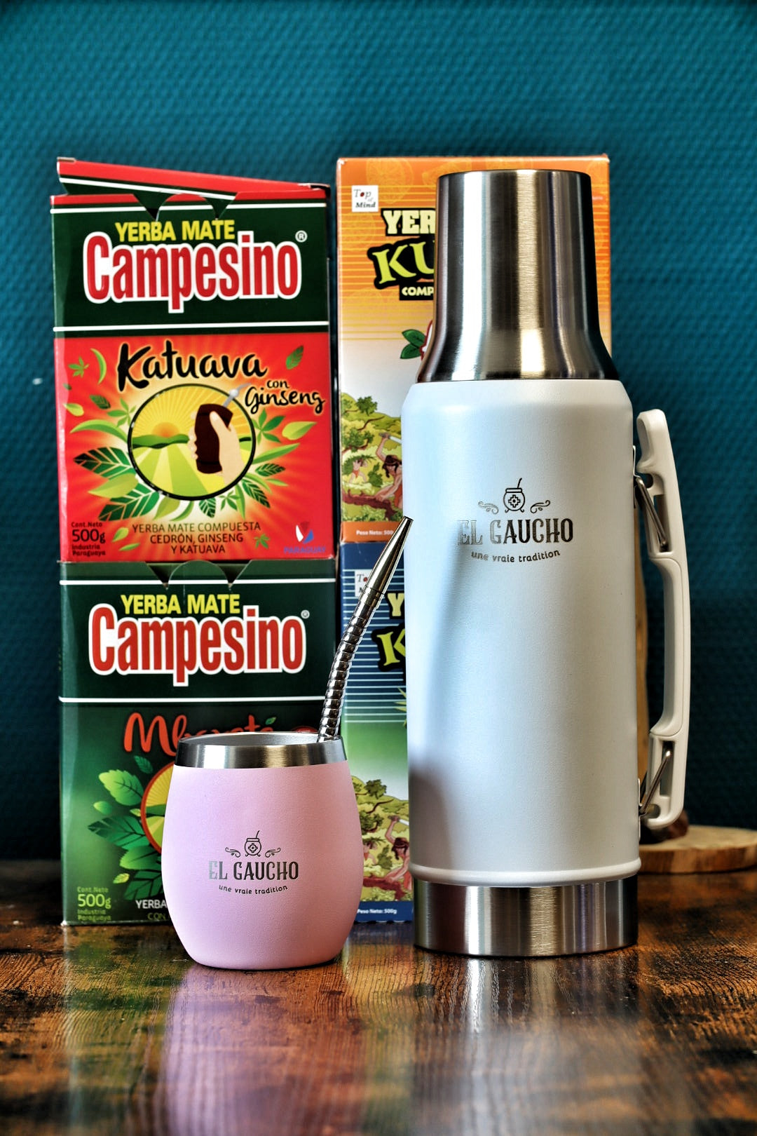 Pack Tereré Complet El Gaucho — maté Gaucho Élite acier inox, thermo blanc et yerbas paraguayennes pour le terere