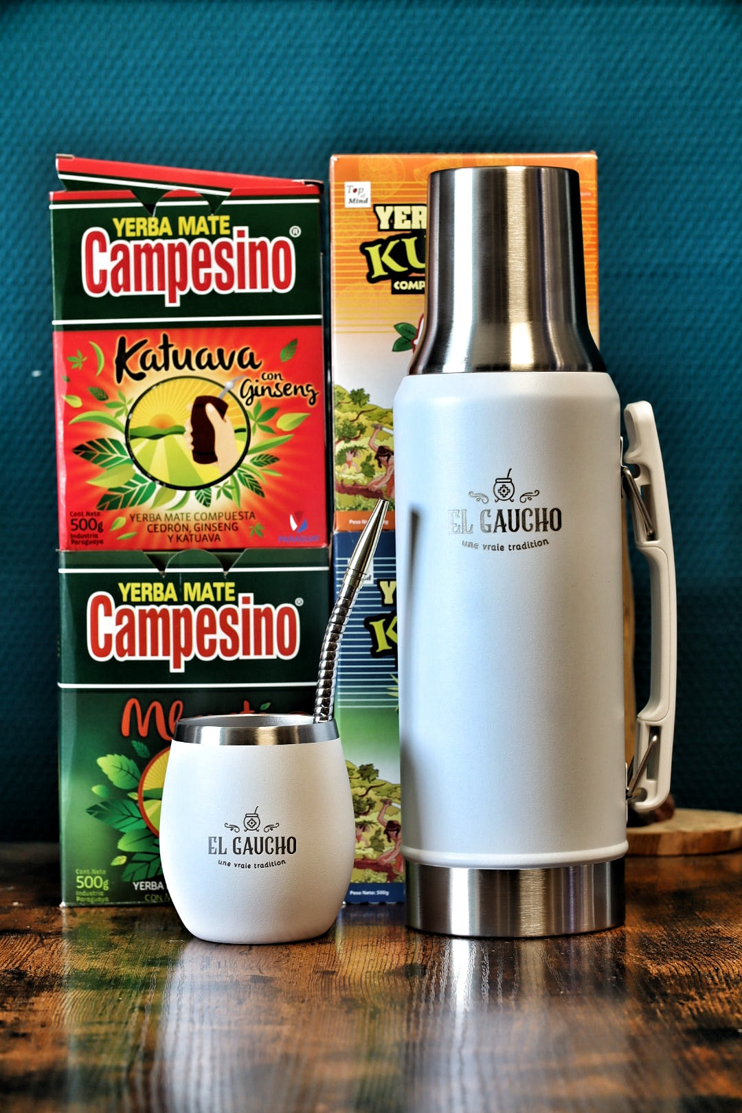Pack maté froid El Gaucho — maté acier inox double paroi, thermo et 4 yerbas terere du Paraguay