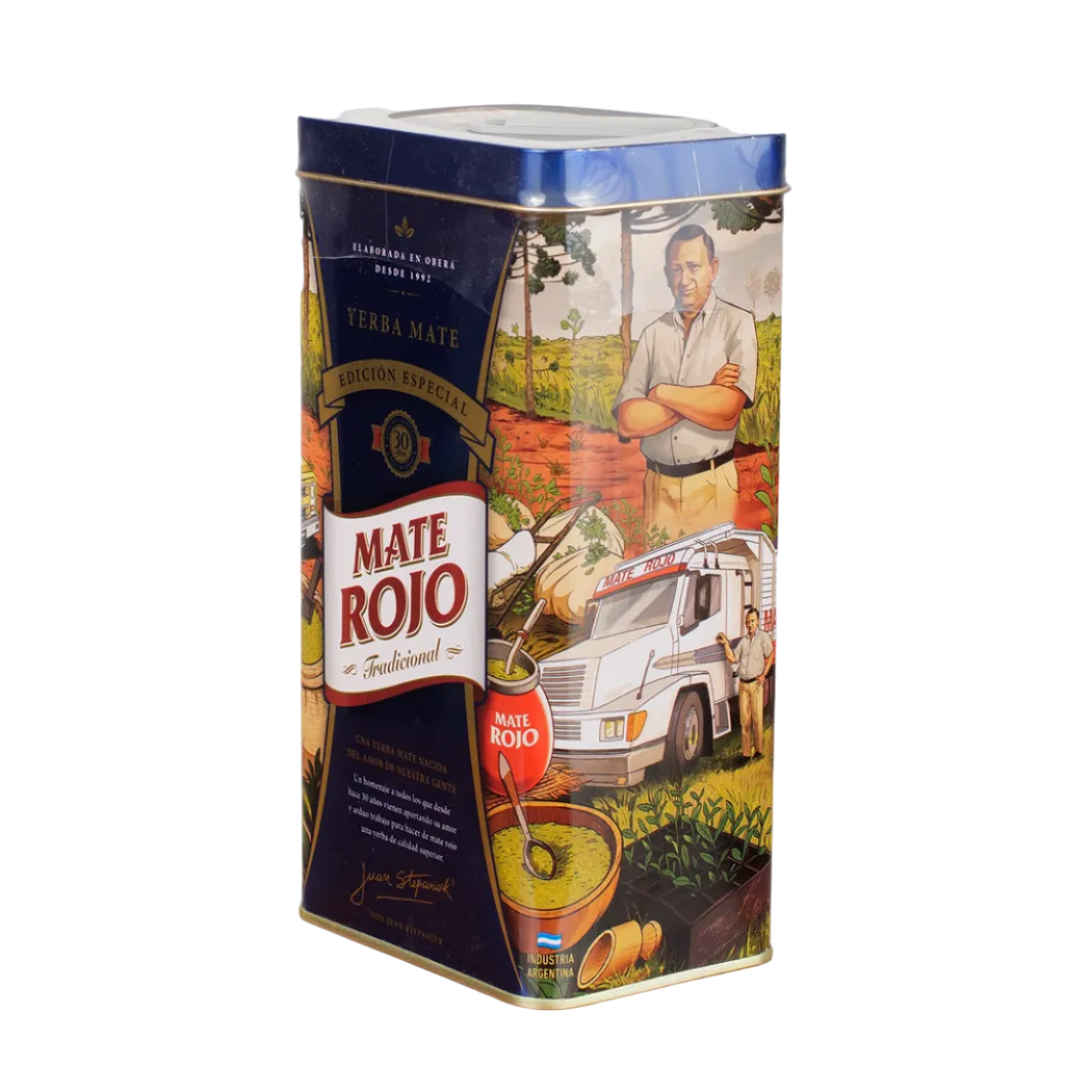 Mate Rojo Traditional Tin Bleue 500g — boîte métal collector édition 30 ans, yerba mate argentine con palo affinée 18 mois