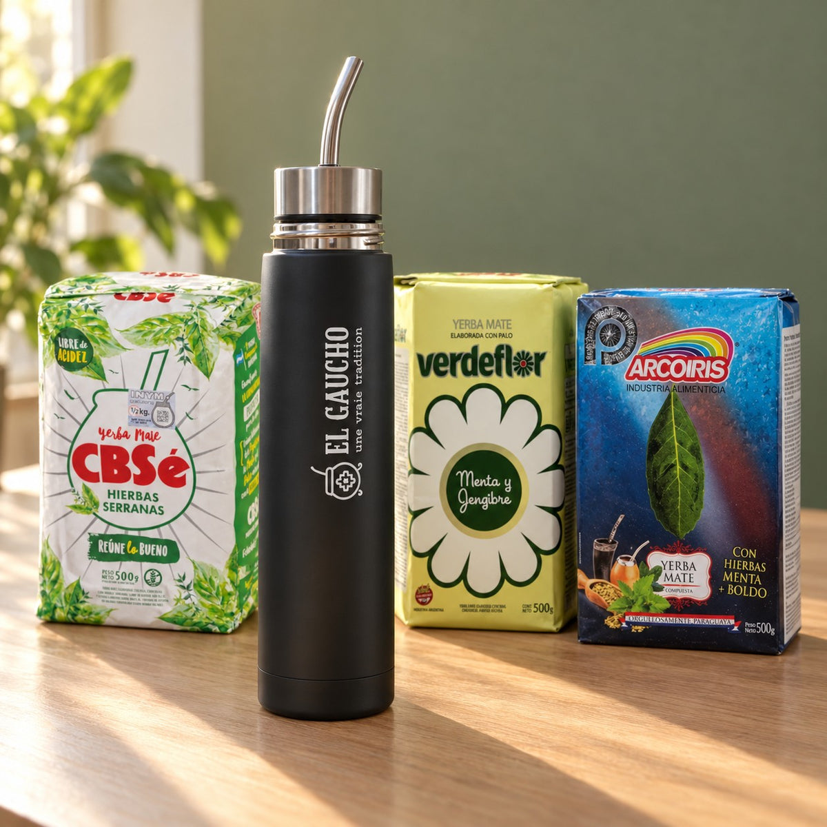 Mate Listo 500 ml avec CBSé Hierbas Serranas, Verdeflor Menta y Jengibre et Arcoíris Menta Boldo. Trois yerbas de 500 g, d'Argentine et du Paraguay.
