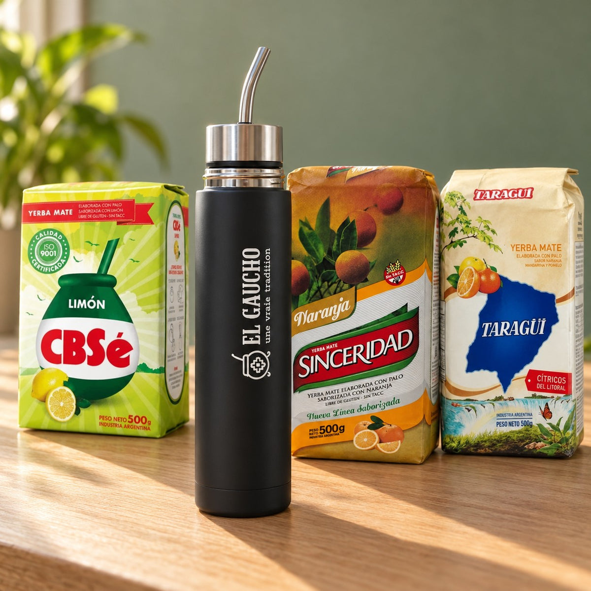 Mate Listo 500 ml et trois yerbas argentines de 500 g : CBSé Citron, Sinceridad Naranja et Taragüi Cítricos del Litoral. À toi de les comparer.
