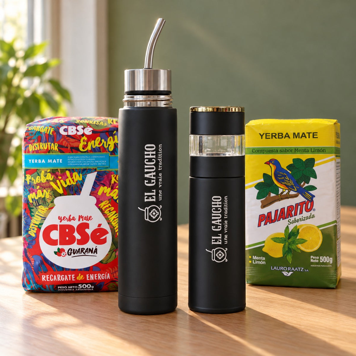 Mate Listo et Bouteille Infuseur Gaucho de 500 ml, CBSé Guaraná et Pajarito Menta Limón de 500 g. Ton maté chaud et ton tereré ont chacun leur place.