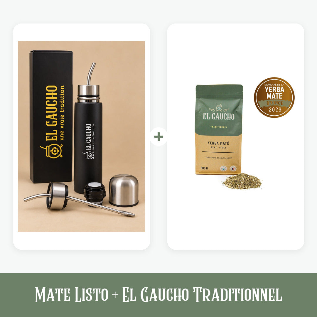 Le Mate Listo, thermos 500 ml avec bombilla intégrée, et notre yerba El Gaucho Traditionnel 500 g, médaille de bronze au Mundial 2026.