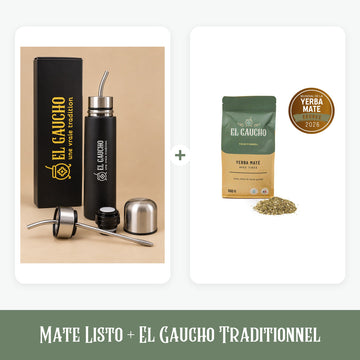 Le Mate Listo, thermos 500 ml avec bombilla intégrée, et notre yerba El Gaucho Traditionnel 500 g, médaille de bronze au Mundial 2026.
