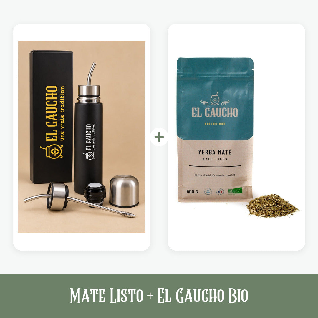Le Mate Listo, thermos 500 ml avec bombilla intégrée, et notre yerba El Gaucho Bio 500 g, certifiée FR-BIO-09 et séchée sans fumée.