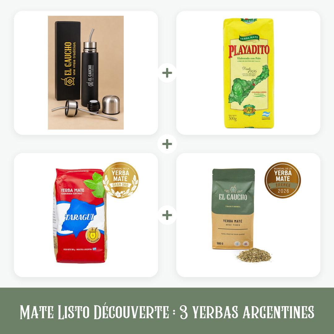 Le Mate Listo et trois yerbas argentines de 500 g : Playadito, douce, El Gaucho Traditionnel, ronde, et Taragüi, intense. Pour trouver la tienne.