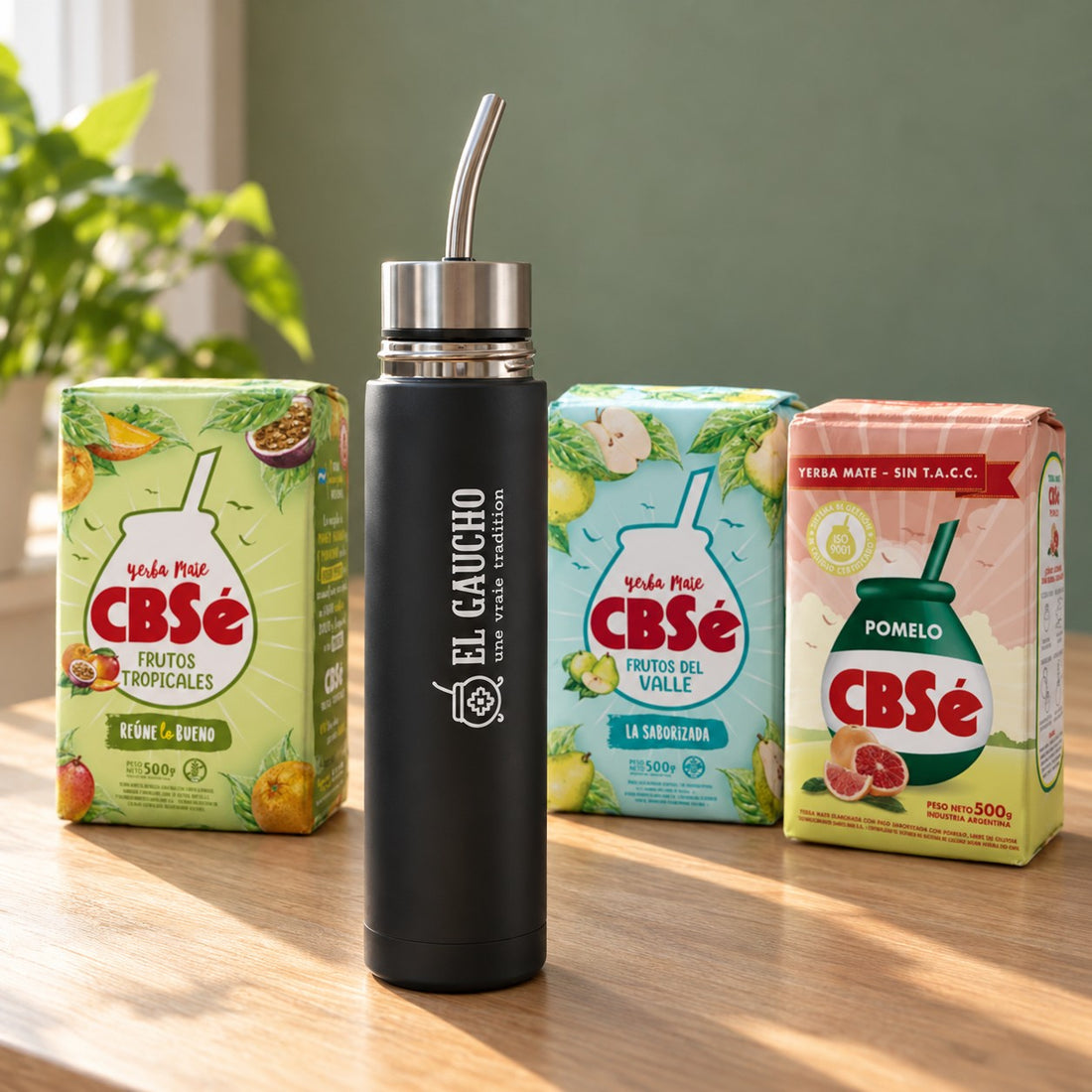 Ton Mate Listo 500 ml et trois CBSé d'Argentine : fruits tropicaux, pomme-poire et pamplemousse rose. Trois paquets de 500 g à goûter chacun leur tour.