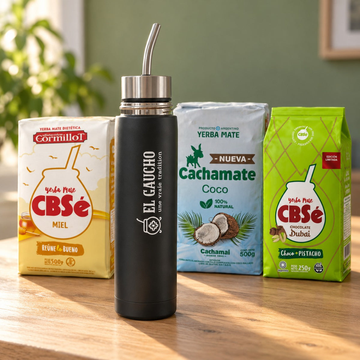 Mate Listo 500 ml, CBSé Miel 500 g, Cachamate Coco 500 g et CBSé Chocolate Dubai 250 g. Trois yerbas argentines pour ton maté du goûter.