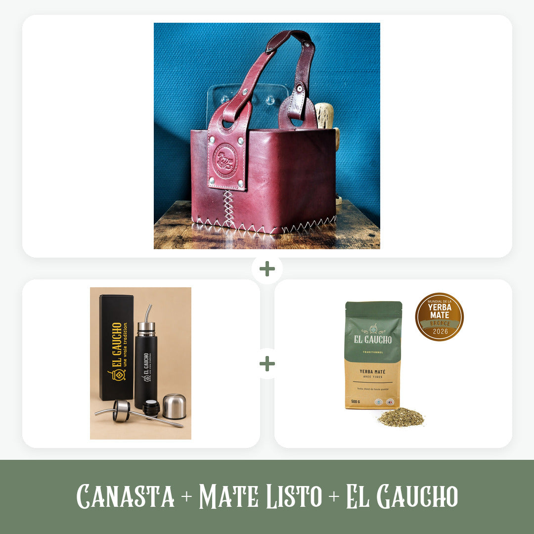 Pack Canasta Matera Premium en cuir bordeaux, Mate Listo El Gaucho et yerba El Gaucho Traditionnel 500 g