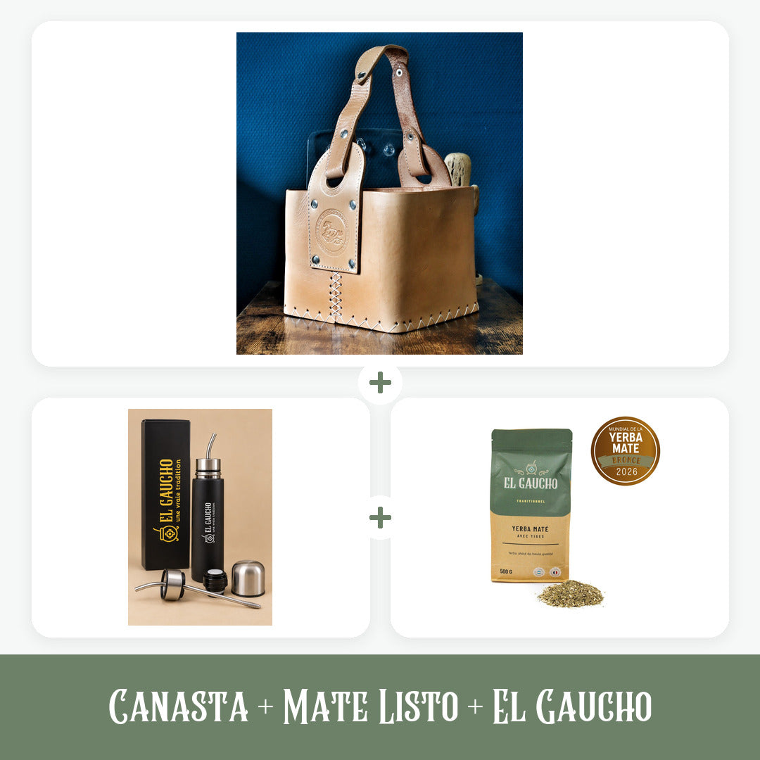Pack Canasta Matera Premium en cuir cuir naturel, Mate Listo El Gaucho et yerba El Gaucho Traditionnel 500 g