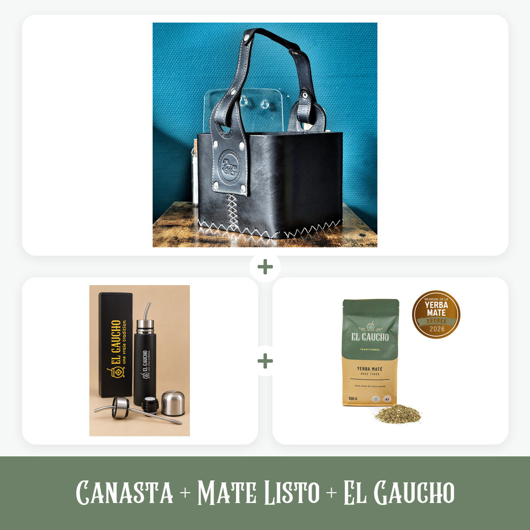 Pack Canasta Matera Premium en cuir noir, Mate Listo El Gaucho et yerba El Gaucho Traditionnel 500 g