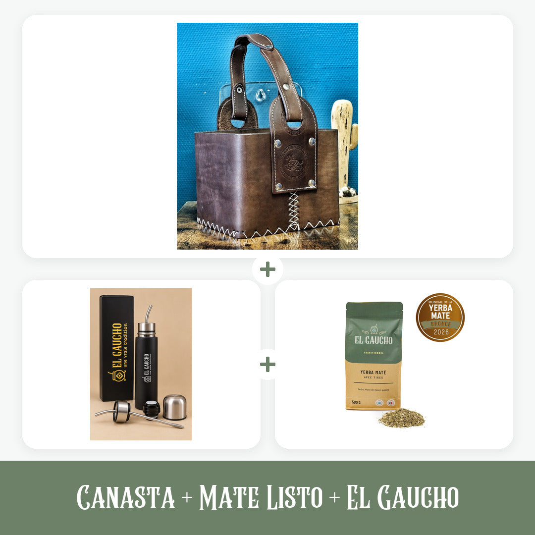 Pack Canasta Matera Premium en cuir marron tabac, Mate Listo El Gaucho et yerba El Gaucho Traditionnel 500 g