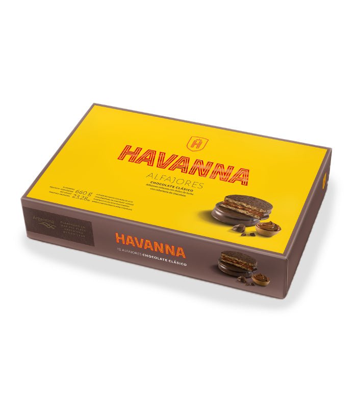 Boîte jaune Havanna Alfajores contenant 12 unités, assortiment de chocolat  au dulce de leche