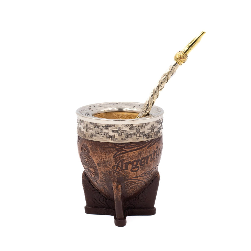 calebasse baroque en cuir gravé “Argentina” avec virole en alpaca ciselée avec bombillon